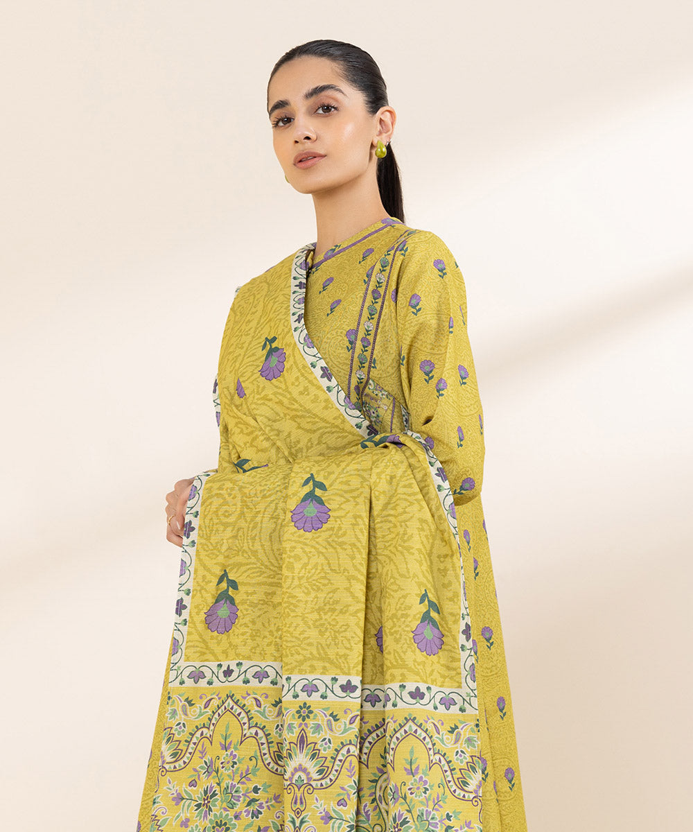 Women's Unstitched Light Khaddar Yellow Printed 3 Piece Suit