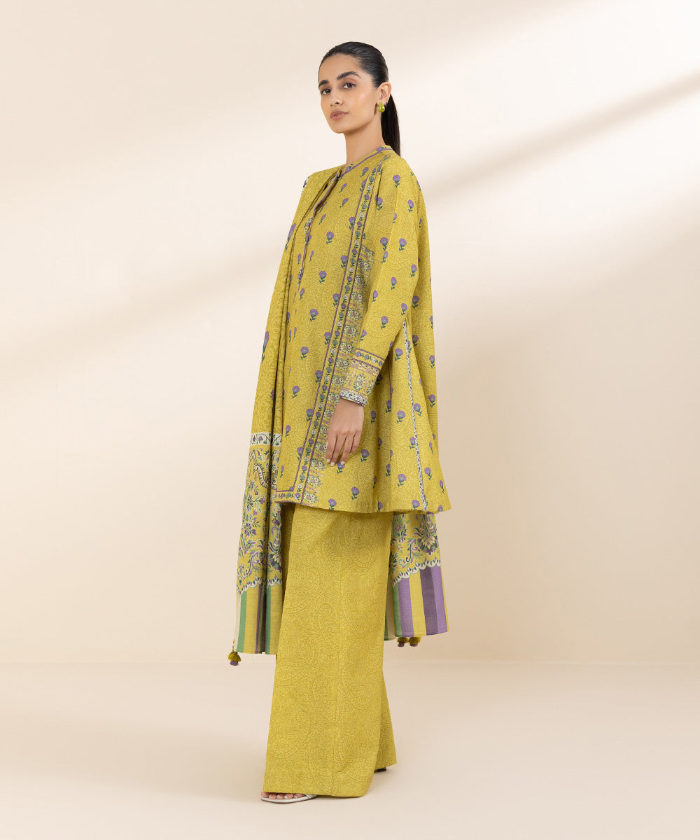 Women's Unstitched Light Khaddar Yellow Printed 3 Piece Suit