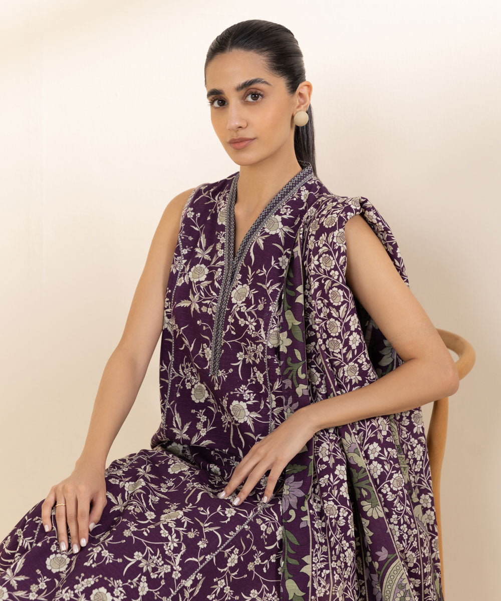 Women's Unstitched Khaddar Purple Printed 3 Piece Suit