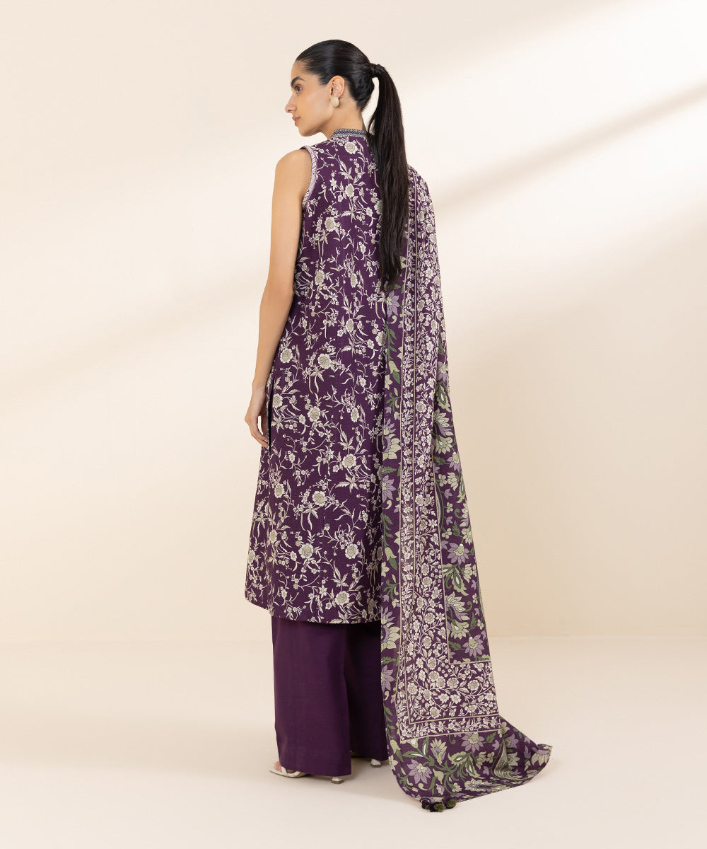 Women's Unstitched Khaddar Purple Printed 3 Piece Suit