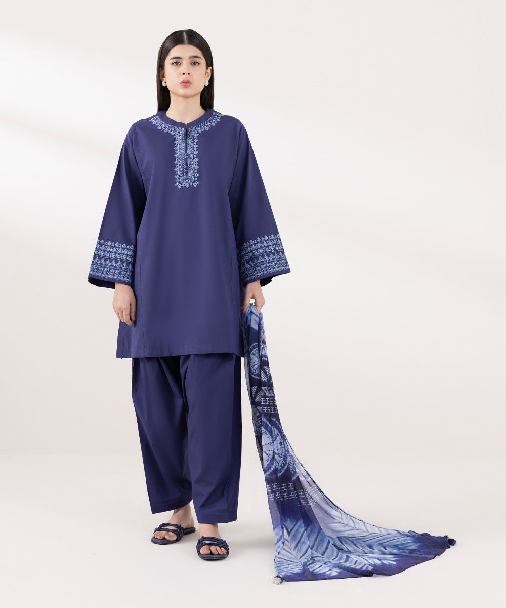 Women's Unstitched Lawn Embroidered Blue 3 Piece Suit