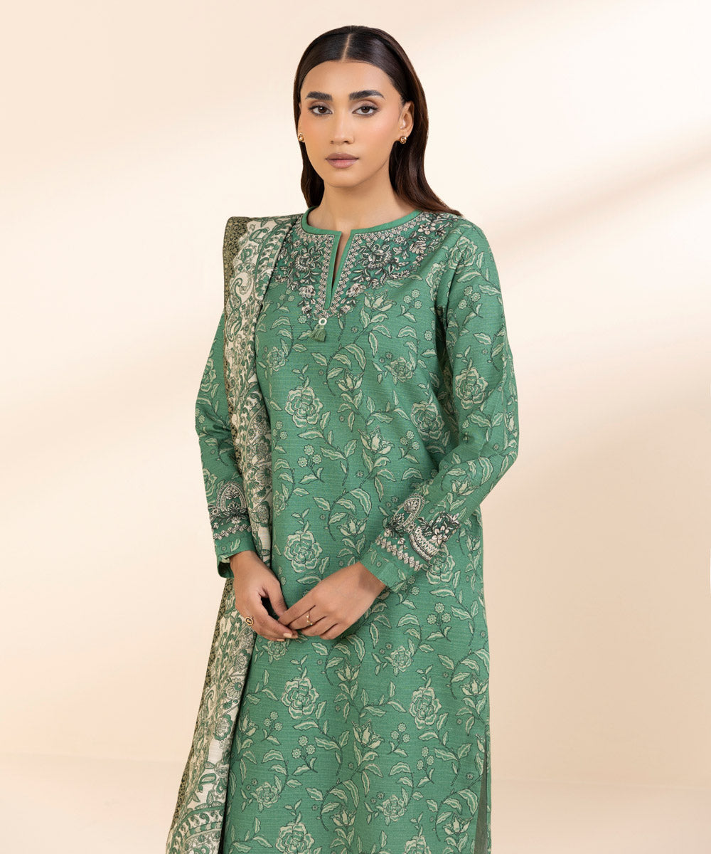 Women's Unstitched Khaddar Embroidered Green 3 Piece Suit