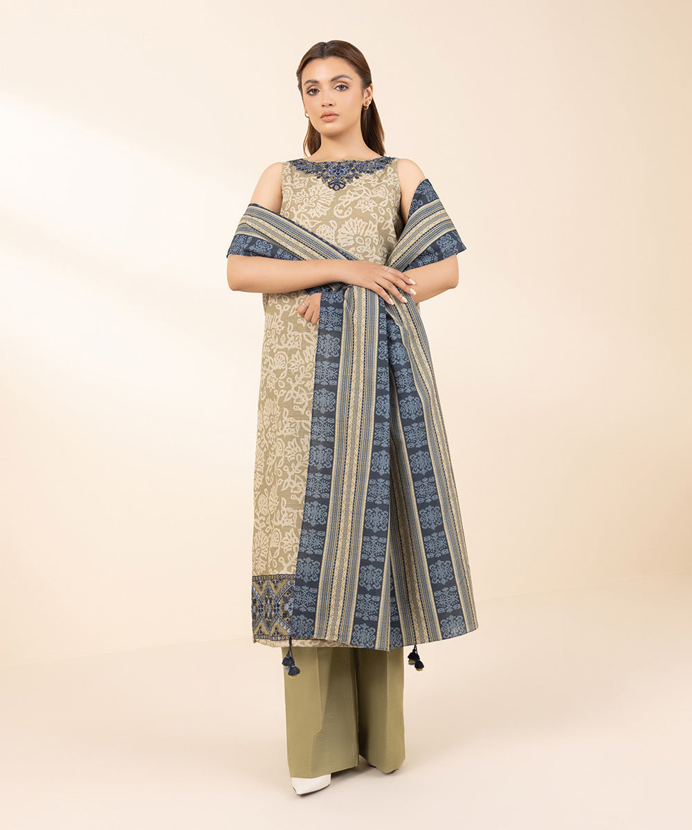 Women's Unstitched Khaddar Embroidered Beige 3 Piece Suit