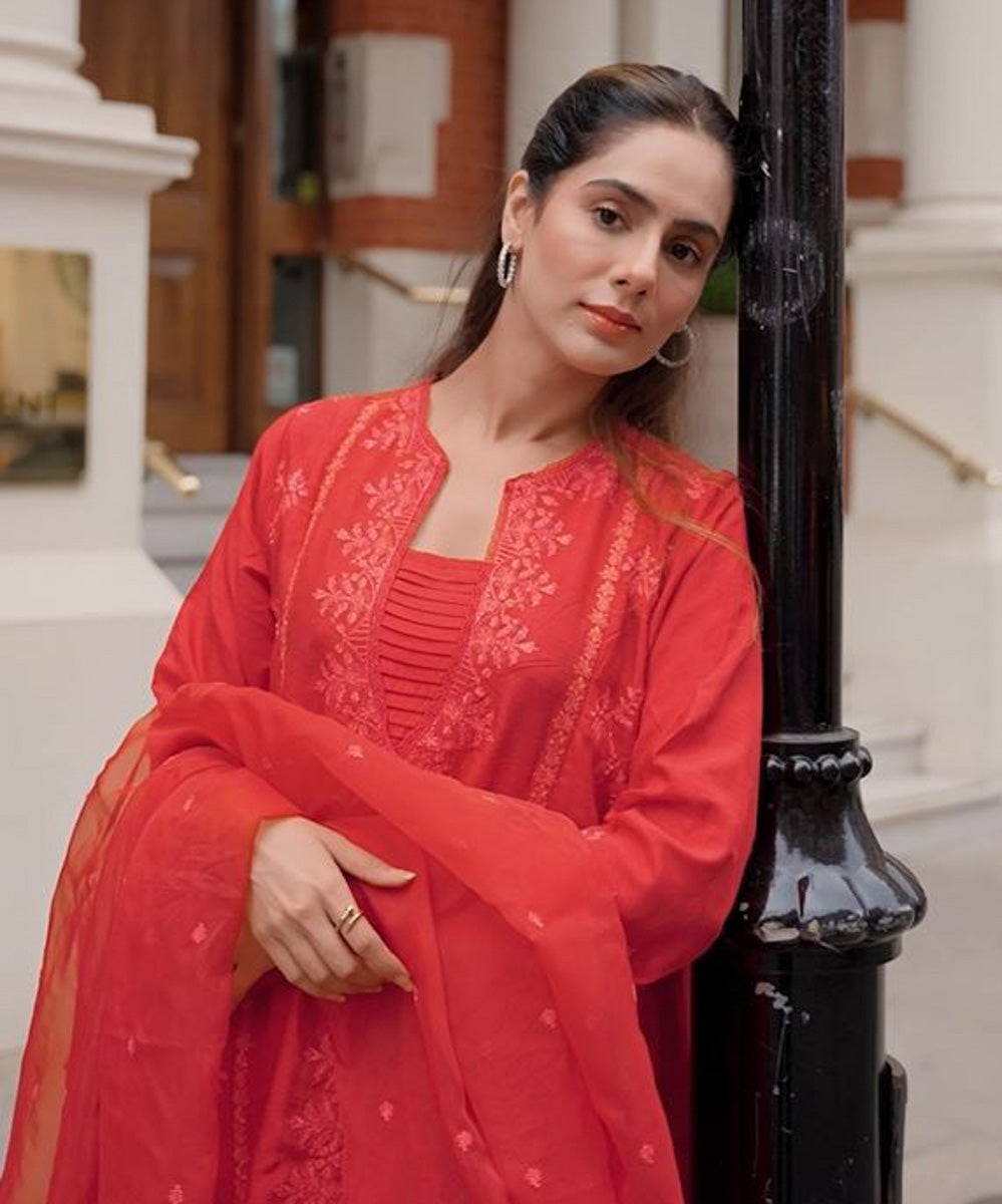 Women's Pret Raw Silk Embroidered Red 3 Piece Suit