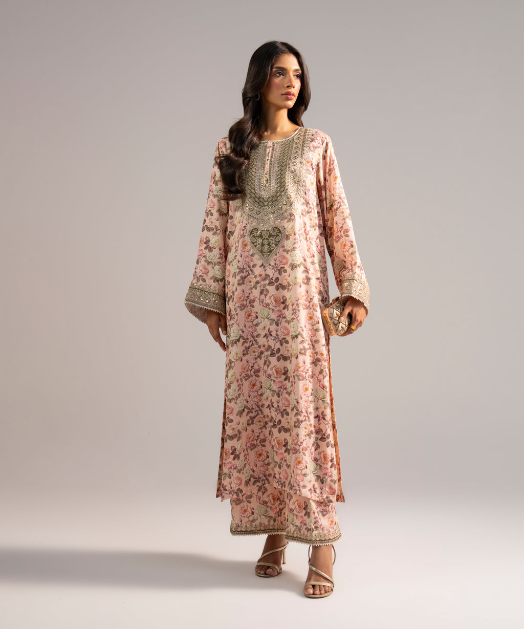 Women's RTW Viscose Raw Silk Embroidered Pink 2 Piece Suit