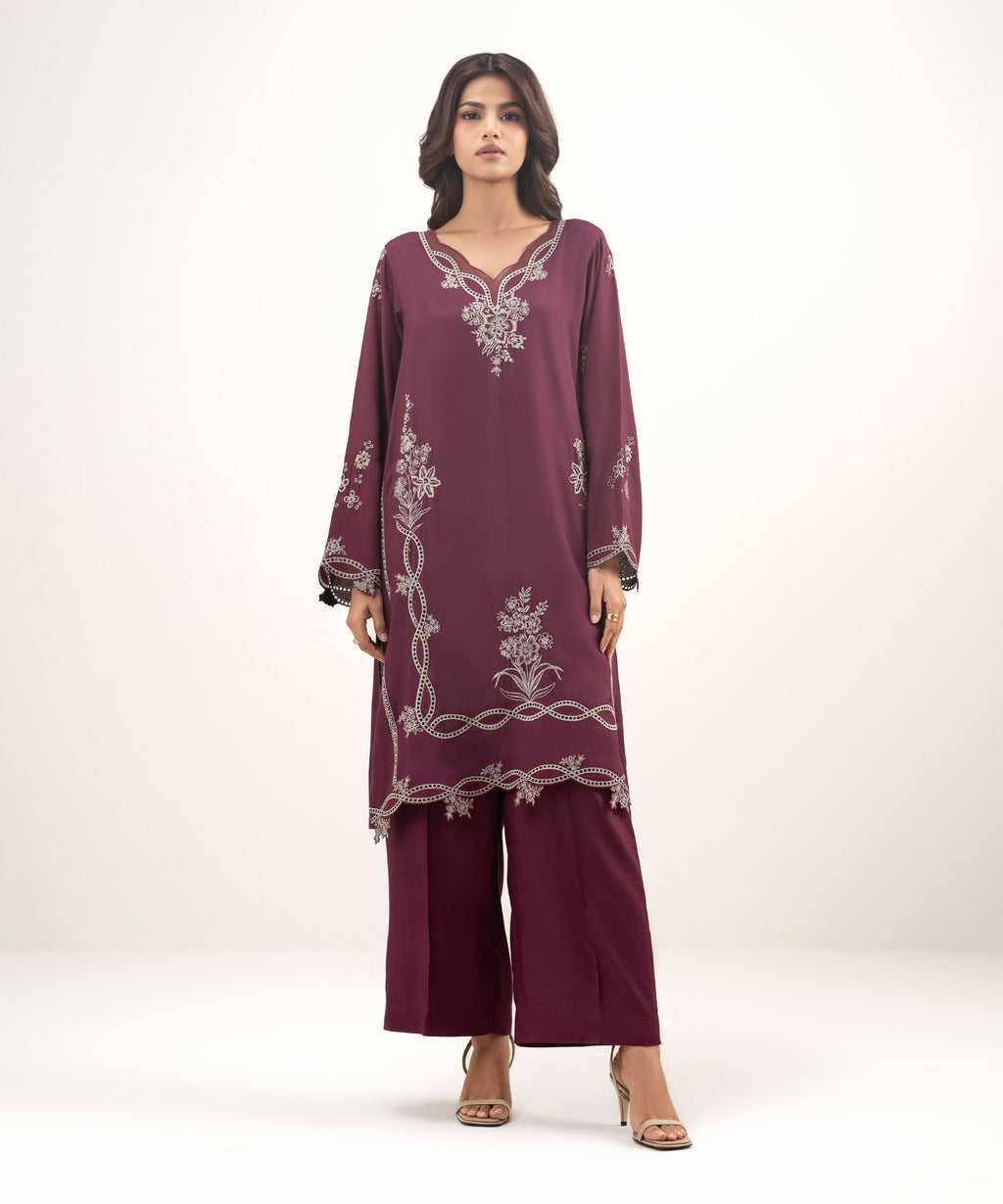 2 Piece - Embroidered Raw Silk Suit
