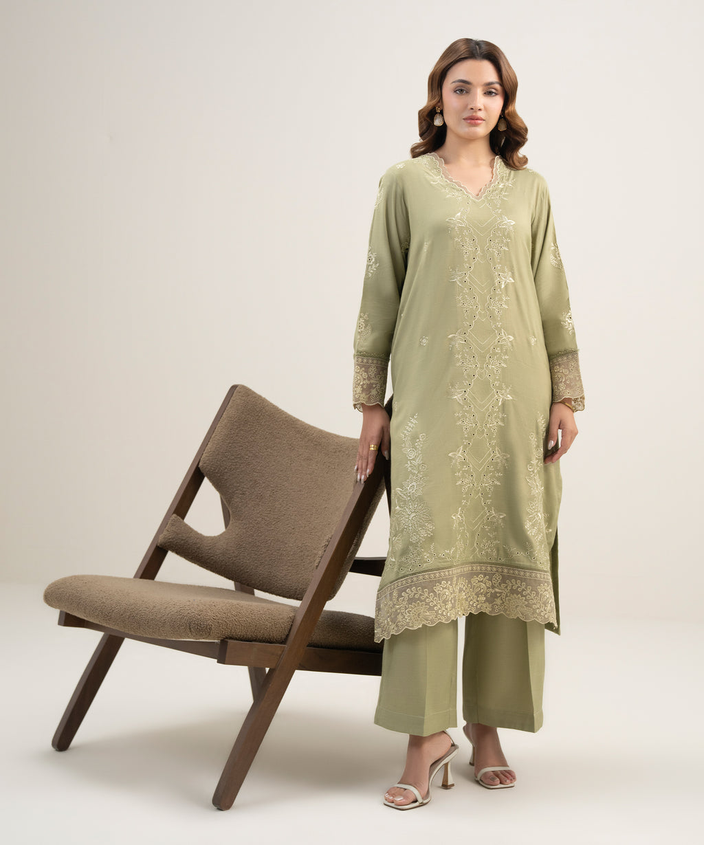 2 Piece - Embroidered Raw Silk Suit