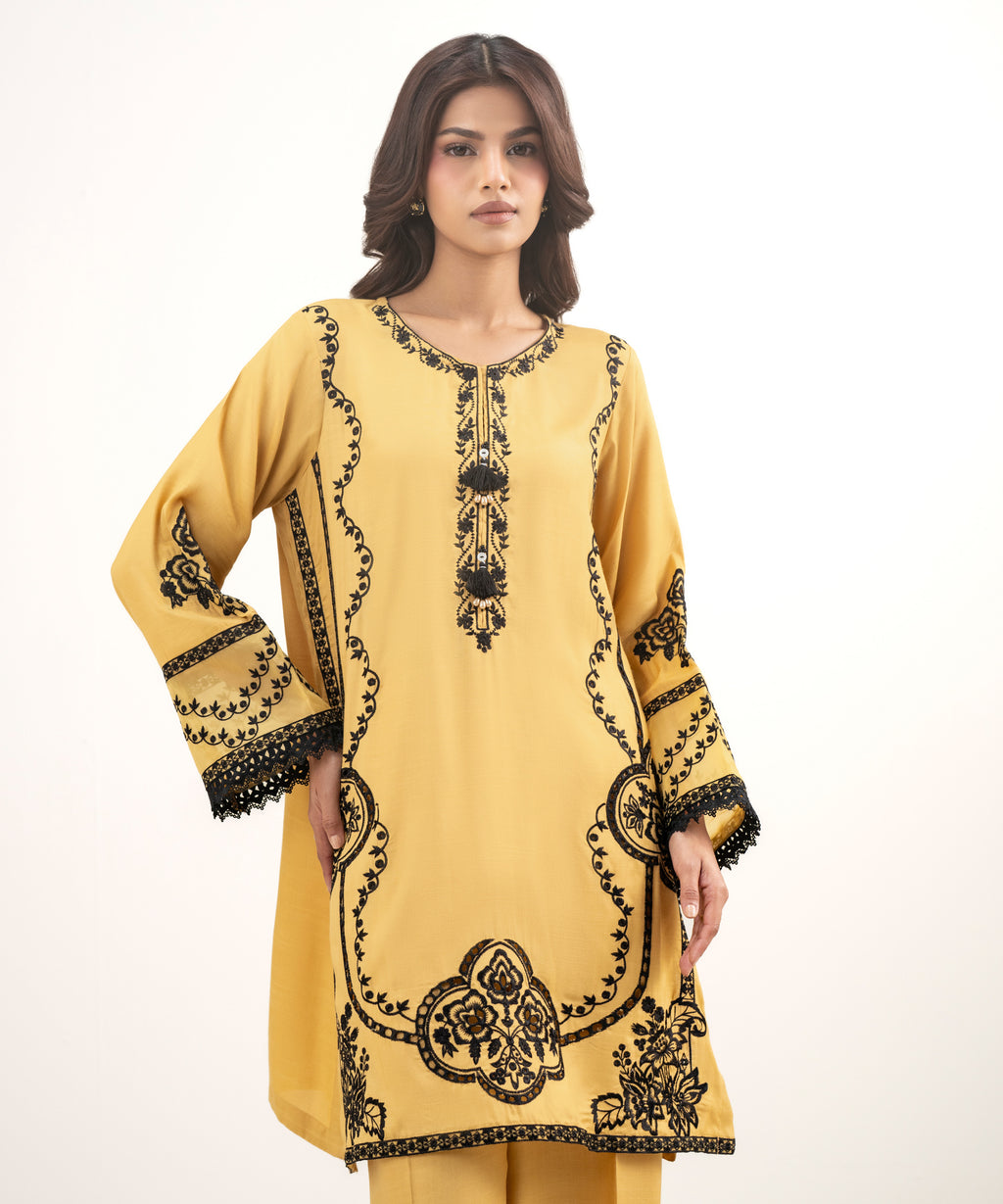 2 Piece - Embroidered Raw Silk Suit