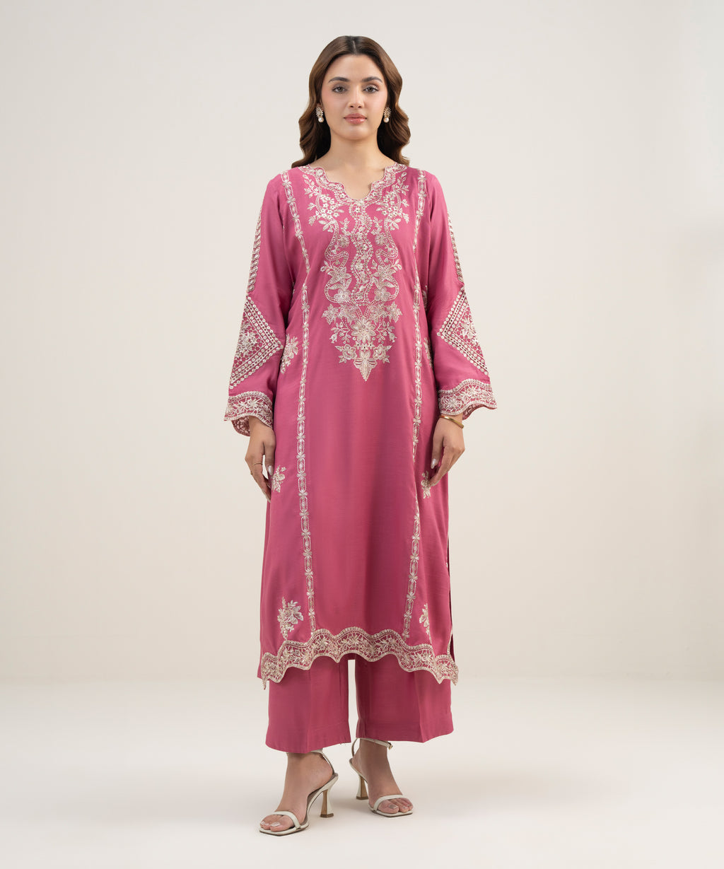2 Piece - Embroidered Raw Silk Suit