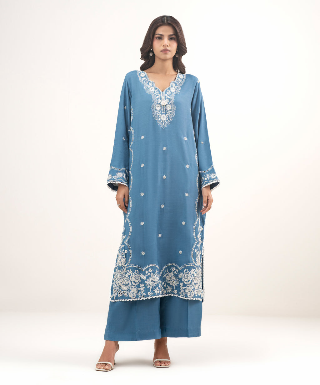 2 Piece - Embroidered Raw Silk Suit