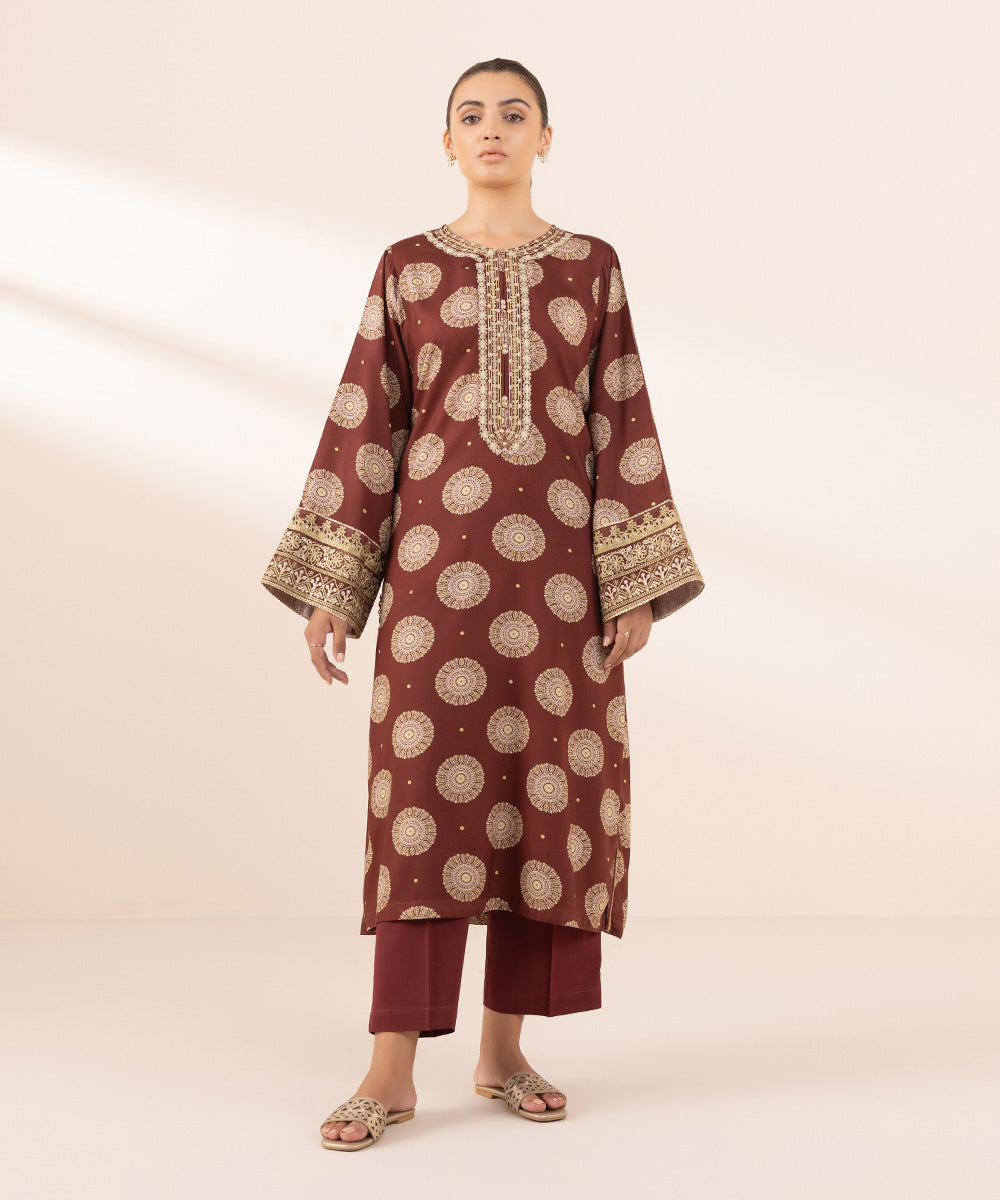 Women's Pret Arabic Lawn Red Printed Embroidered Boxy Shirt