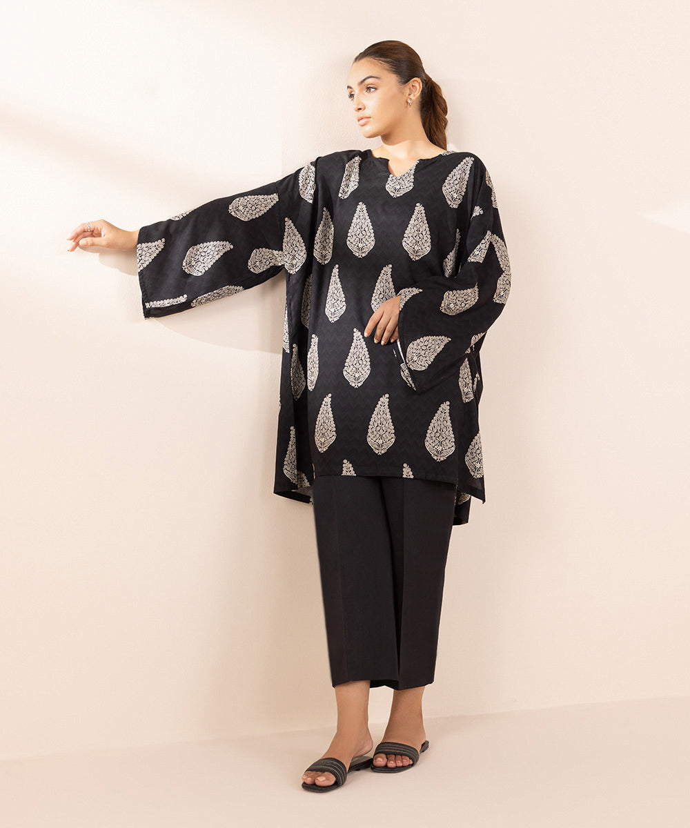 Women's Pret Arabic Lawn Black Printed Boxy Shirt