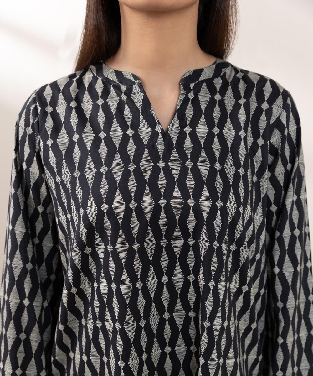 Women's Pret Cotton Viscose Printed Black Straight Shirt