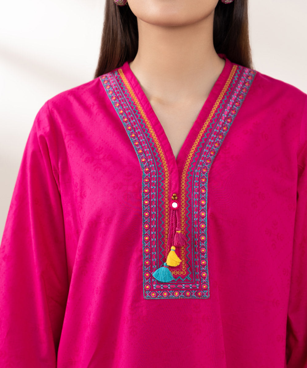 Women's Pret Cotton Jacquard Embroidered Pink A-Line Shirt