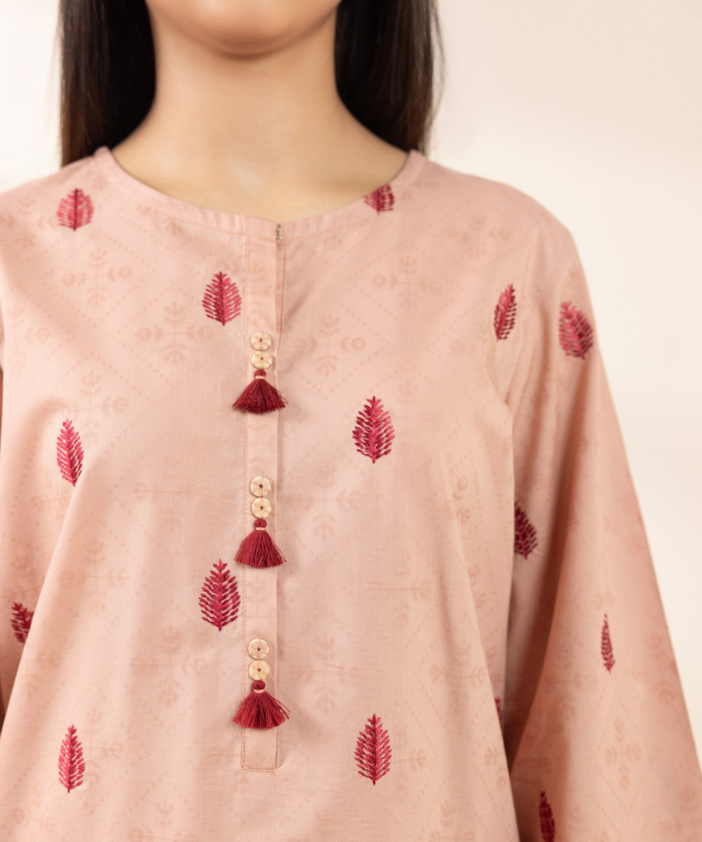 Women's Pret Cotton Jacquard Embroidered Pink Straight Shirt