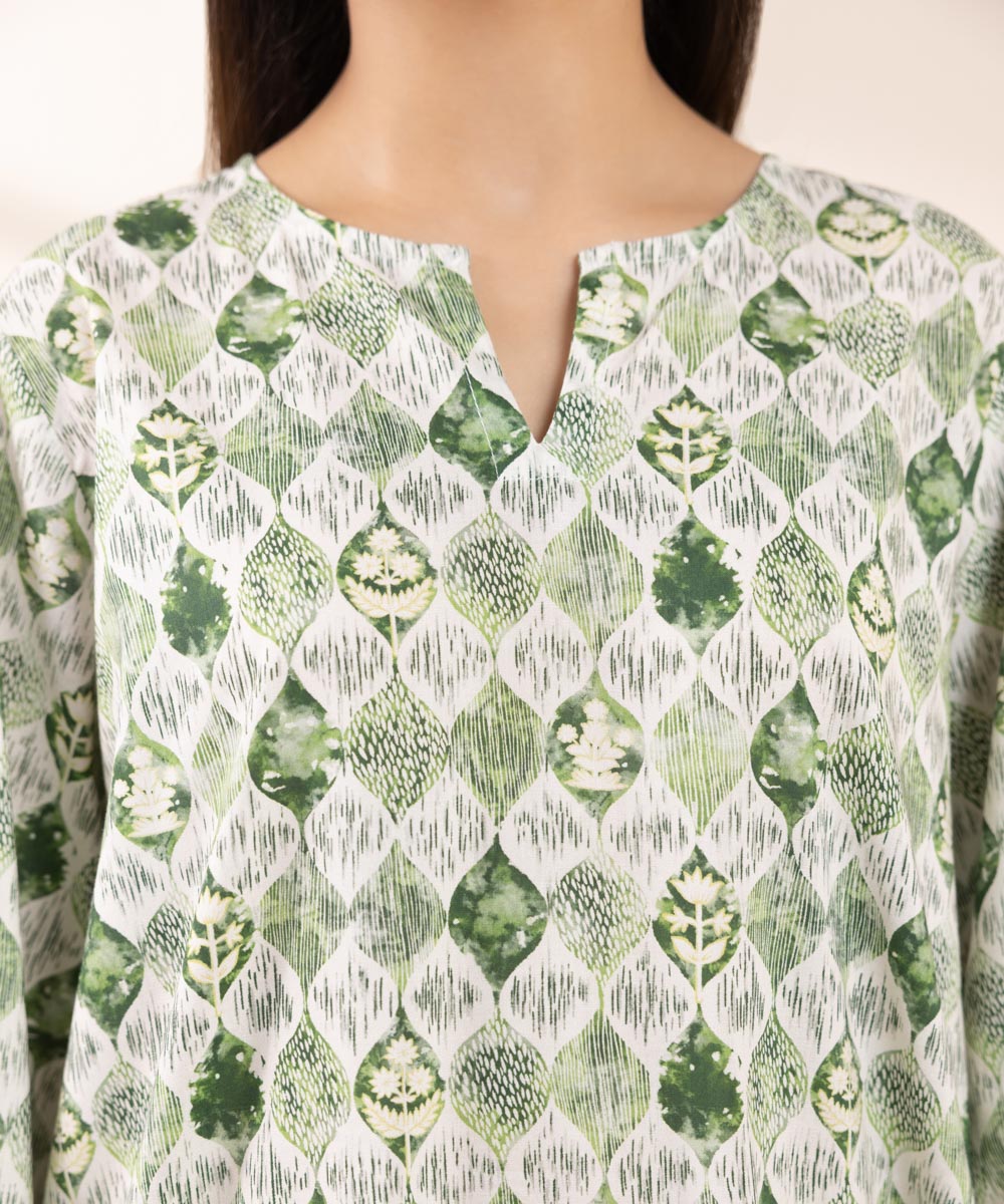 Women's Pret Cotton Viscose Printed Green Straight Shirt