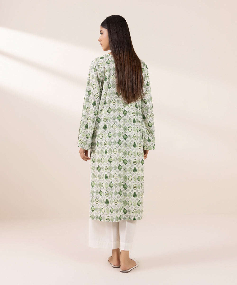 Women's Pret Cotton Viscose Printed Green Straight Shirt