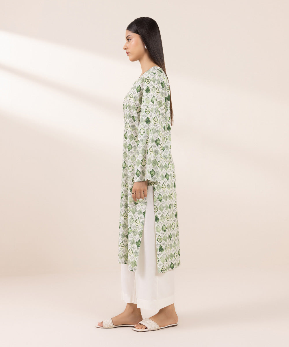 Women's Pret Cotton Viscose Printed Green Straight Shirt