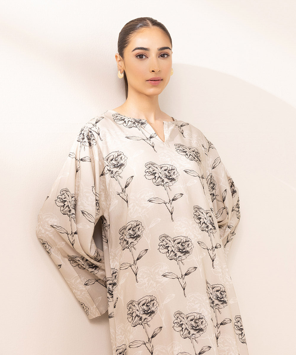 Women's Pret Arabic Lawn Printed Beige Boxy Shirt