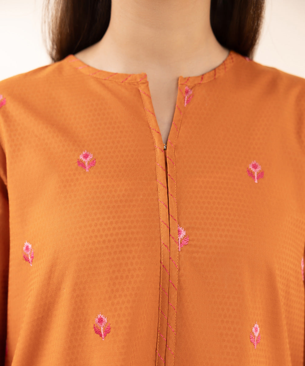 Women's Pret Dobby Solid Embroidered Orange A-Line Shirt