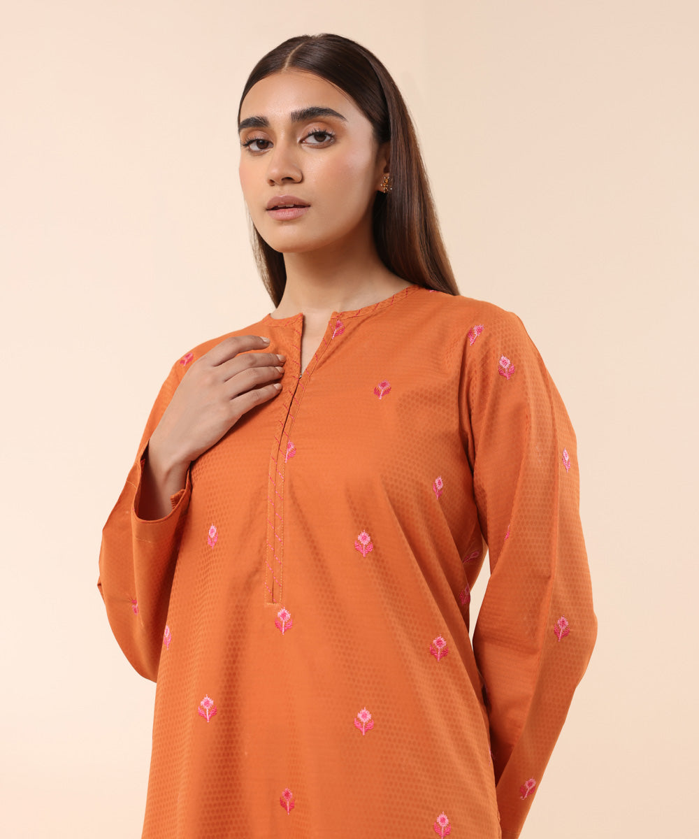 Women's Pret Dobby Solid Embroidered Orange A-Line Shirt