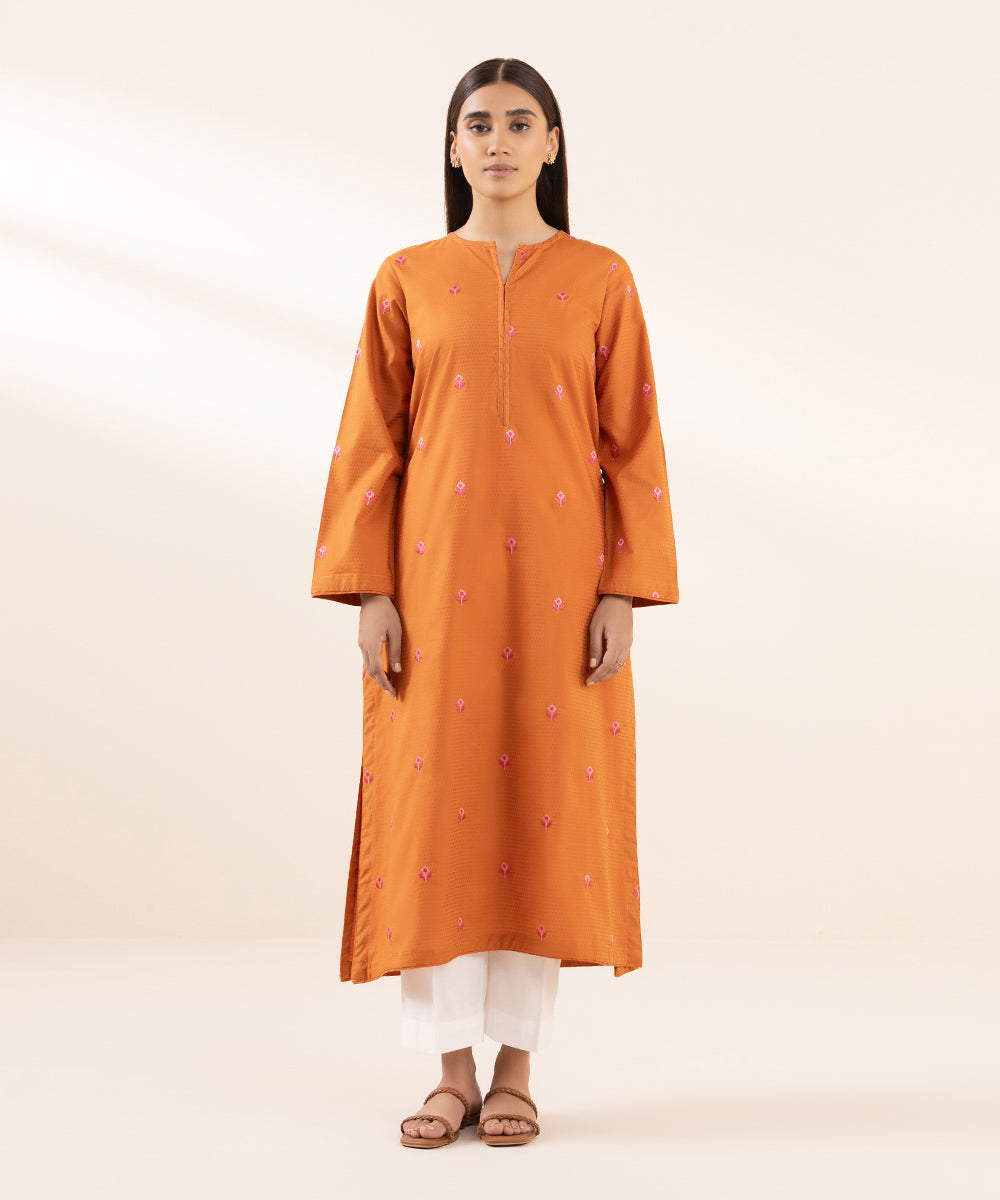 Women's Pret Dobby Solid Embroidered Orange A-Line Shirt