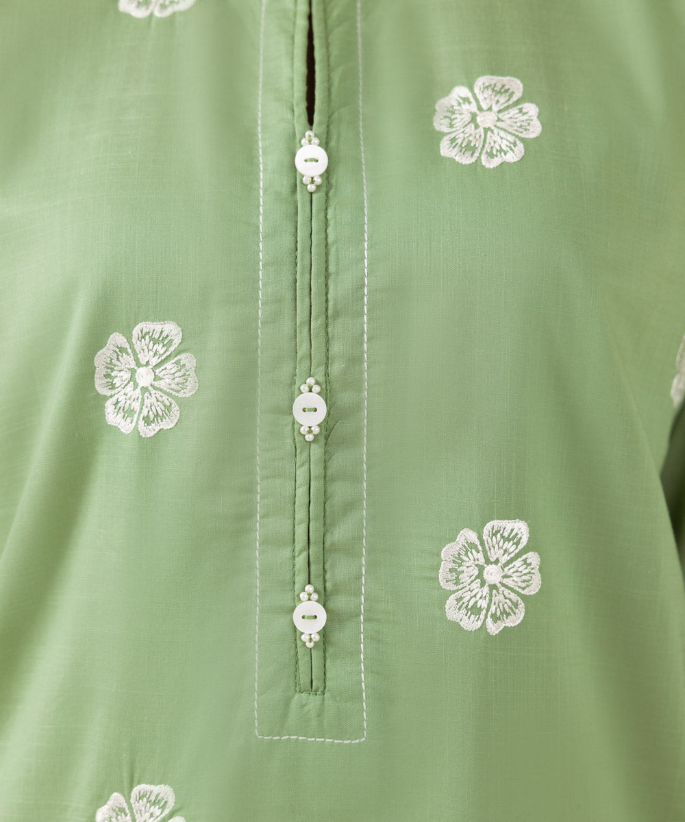 Women's Pret Cross Hatch Solid Embroidered Green Straight Shirt