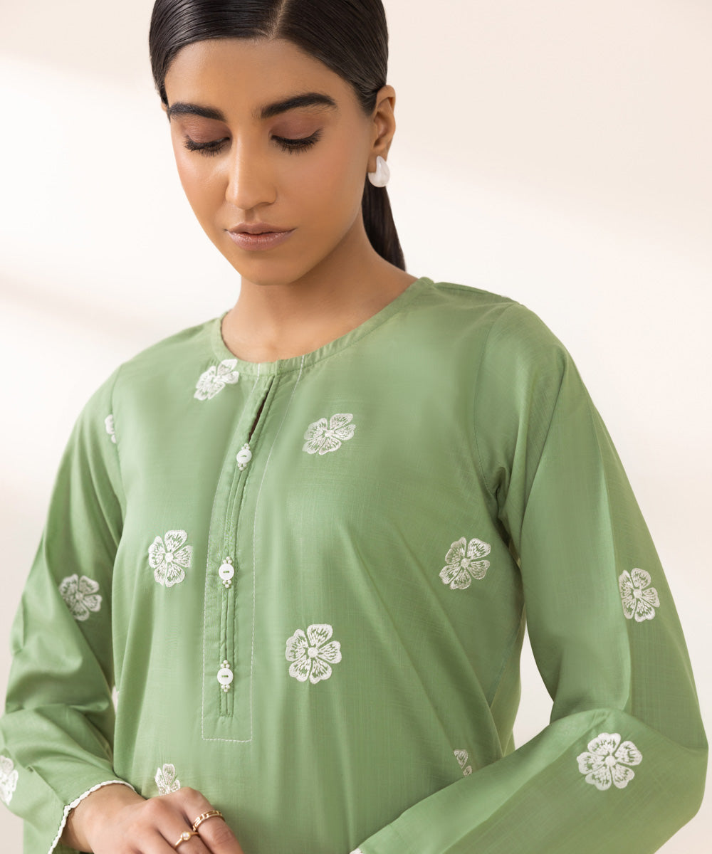 Women's Pret Cross Hatch Solid Embroidered Green Straight Shirt