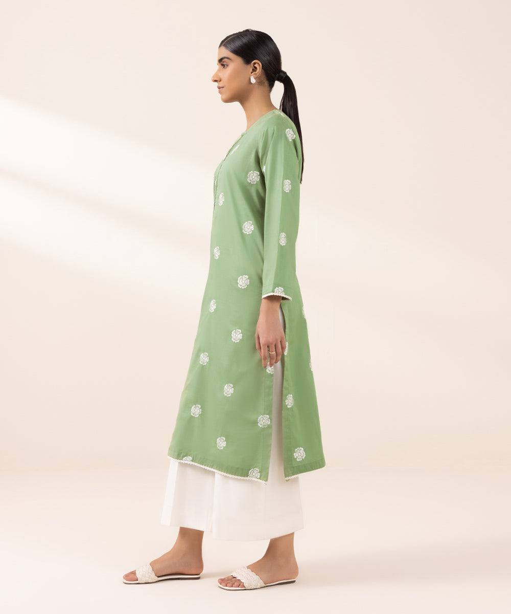 Women's Pret Cross Hatch Solid Embroidered Green Straight Shirt