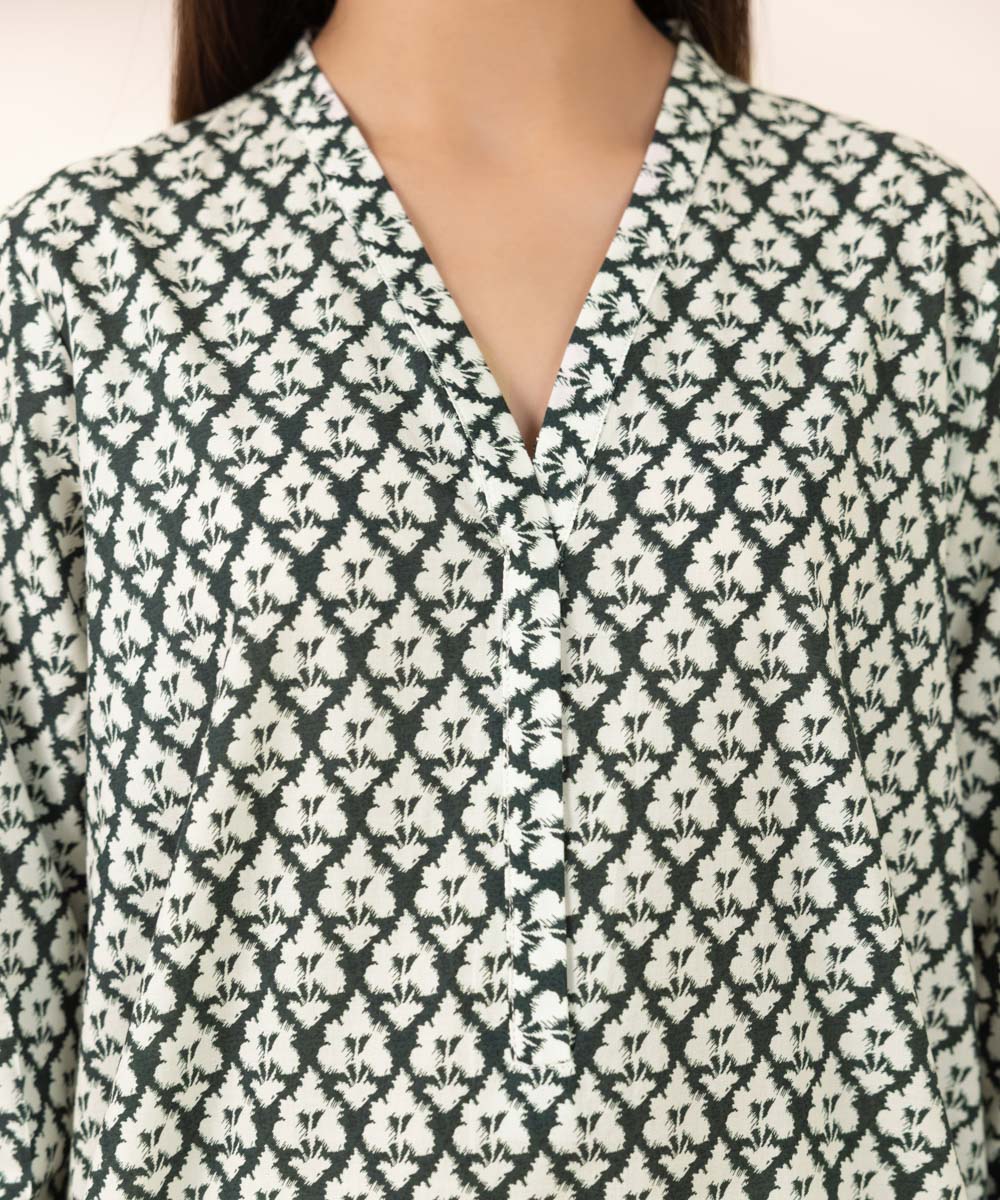 Women's Pret Cambric Printed Green A-Line Shirt