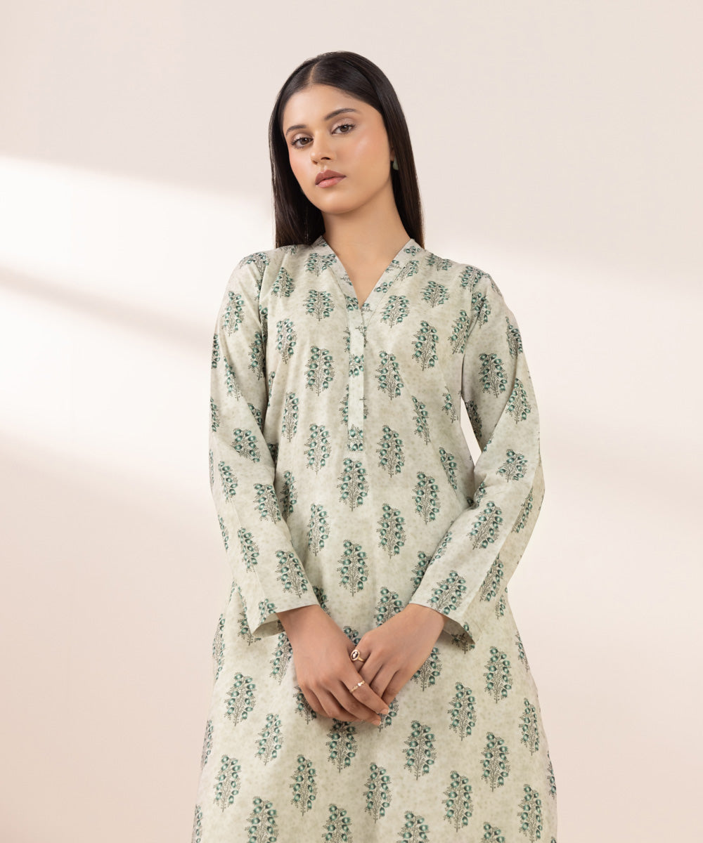 Women's Pret Cambric Printed Green Straight Shirt