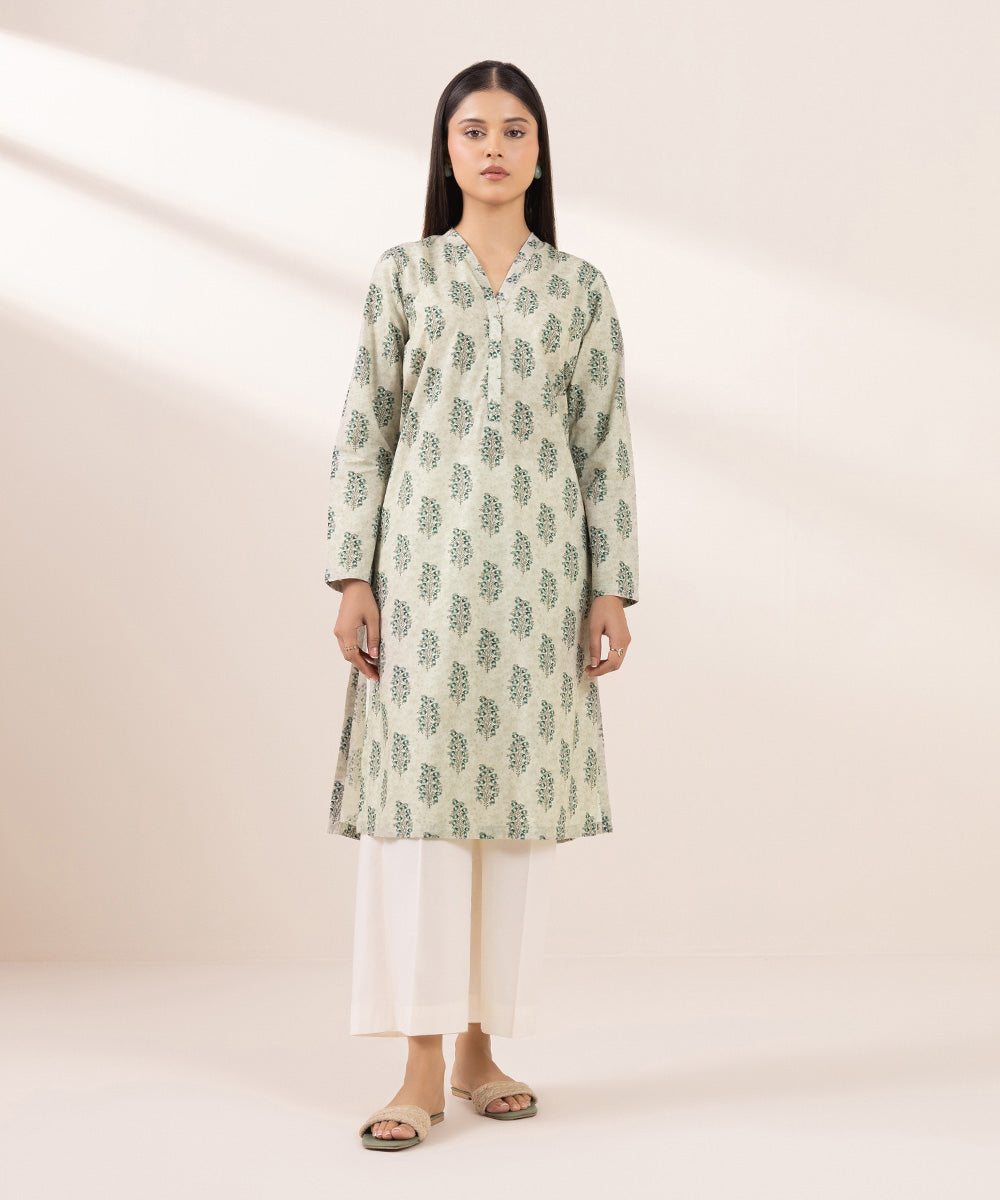 Women's Pret Cambric Printed Green Straight Shirt