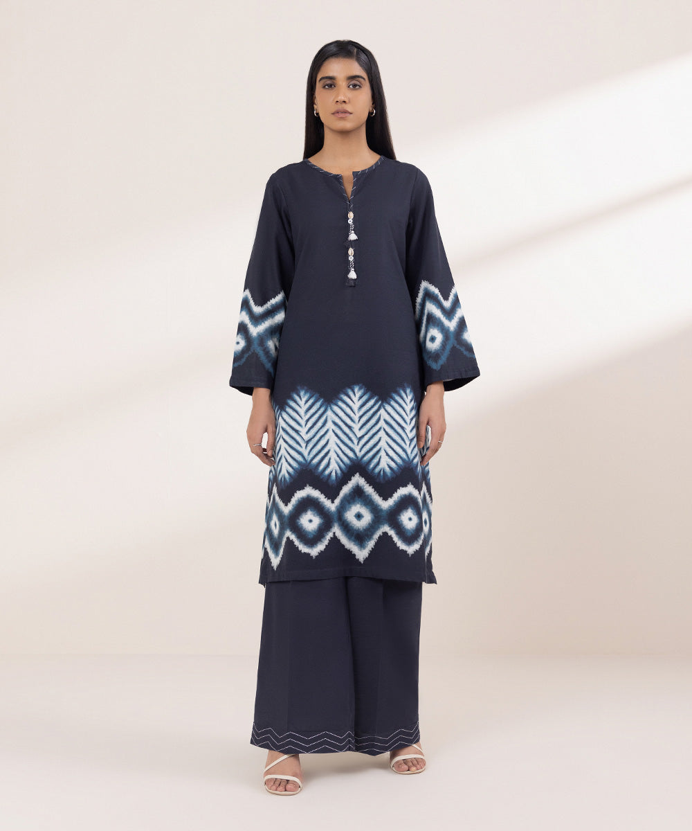 Women's Pret Khaddar Printed Navy Blue A-Line Shirt