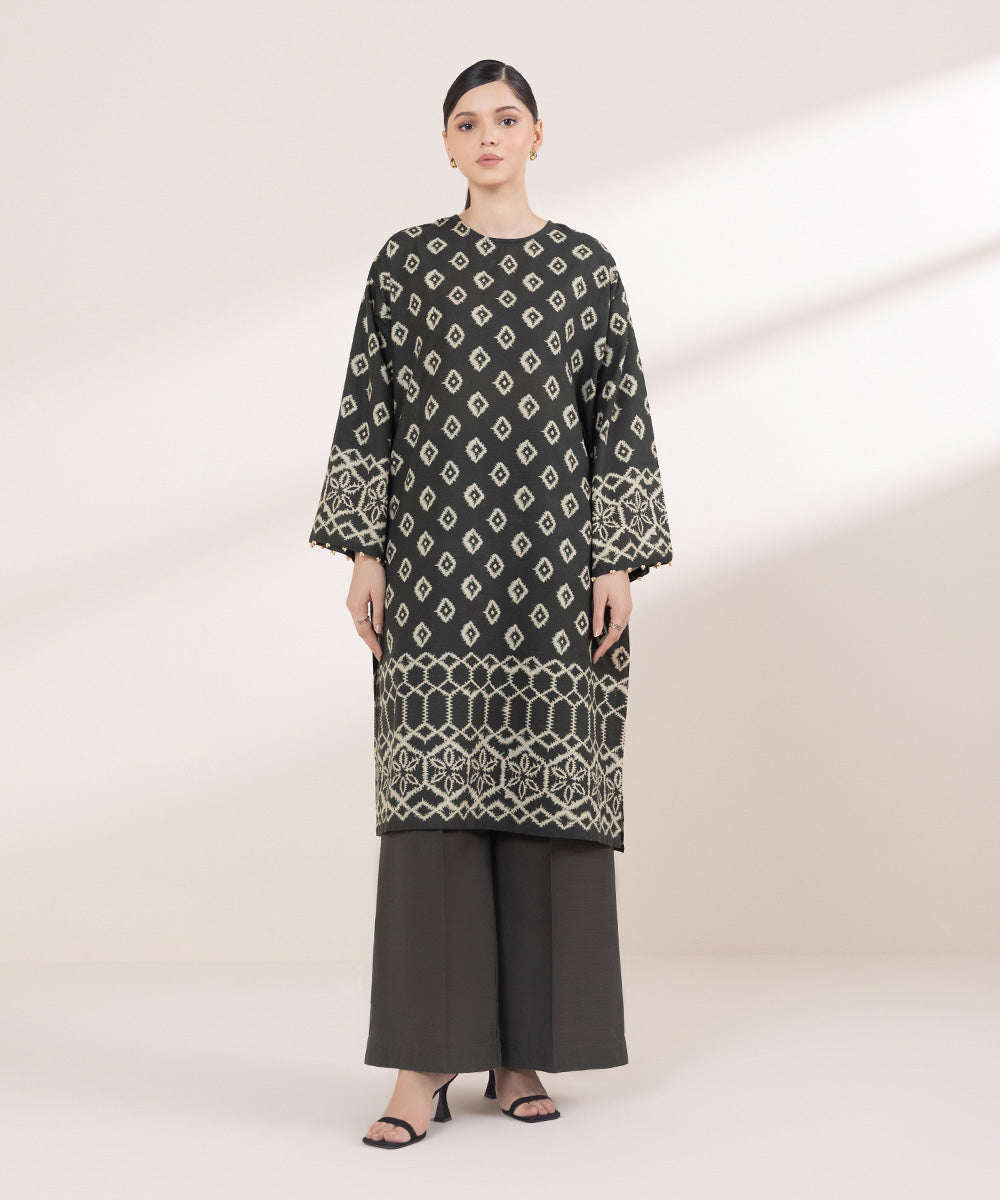 Women's Pret Khaddar Printed Dark Brown Boxy Shirt