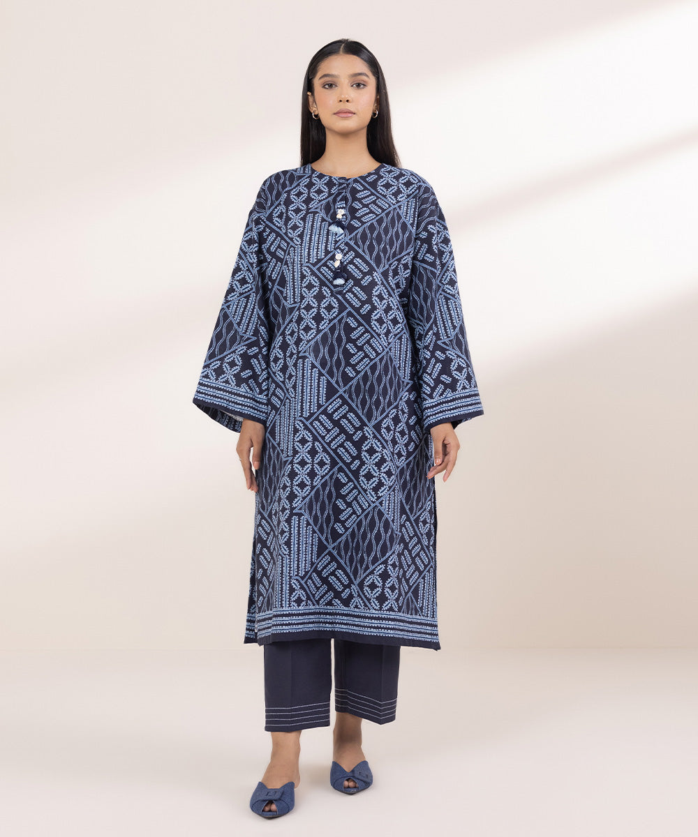 Women's Pret Khaddar Printed Navy Blue Boxy Shirt