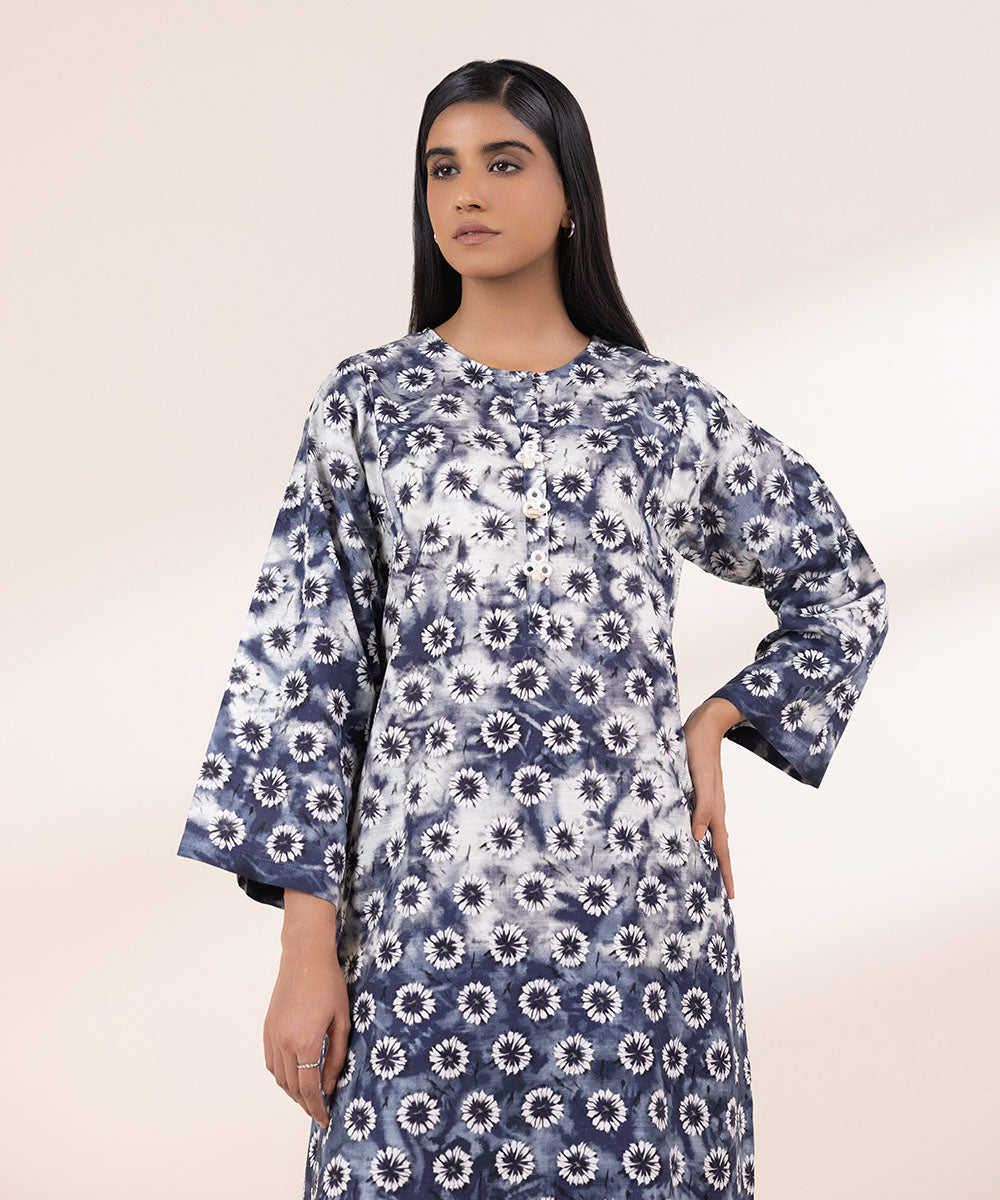 Women's Pret Khaddar Printed Grey Blue Boxy Shirt