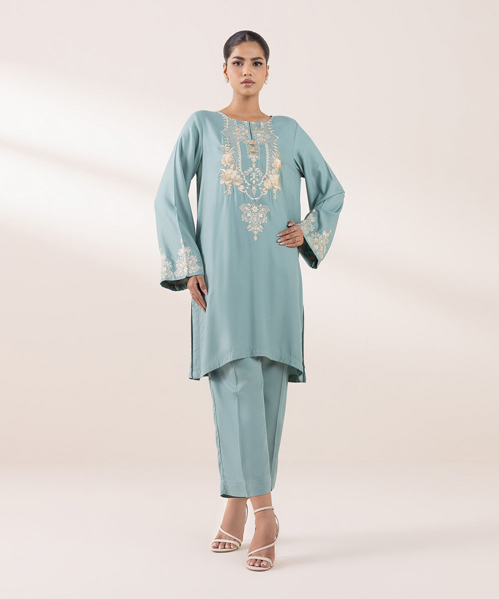 Women's Pret Bedford Embroidered Light Turquoise Straight Shirt