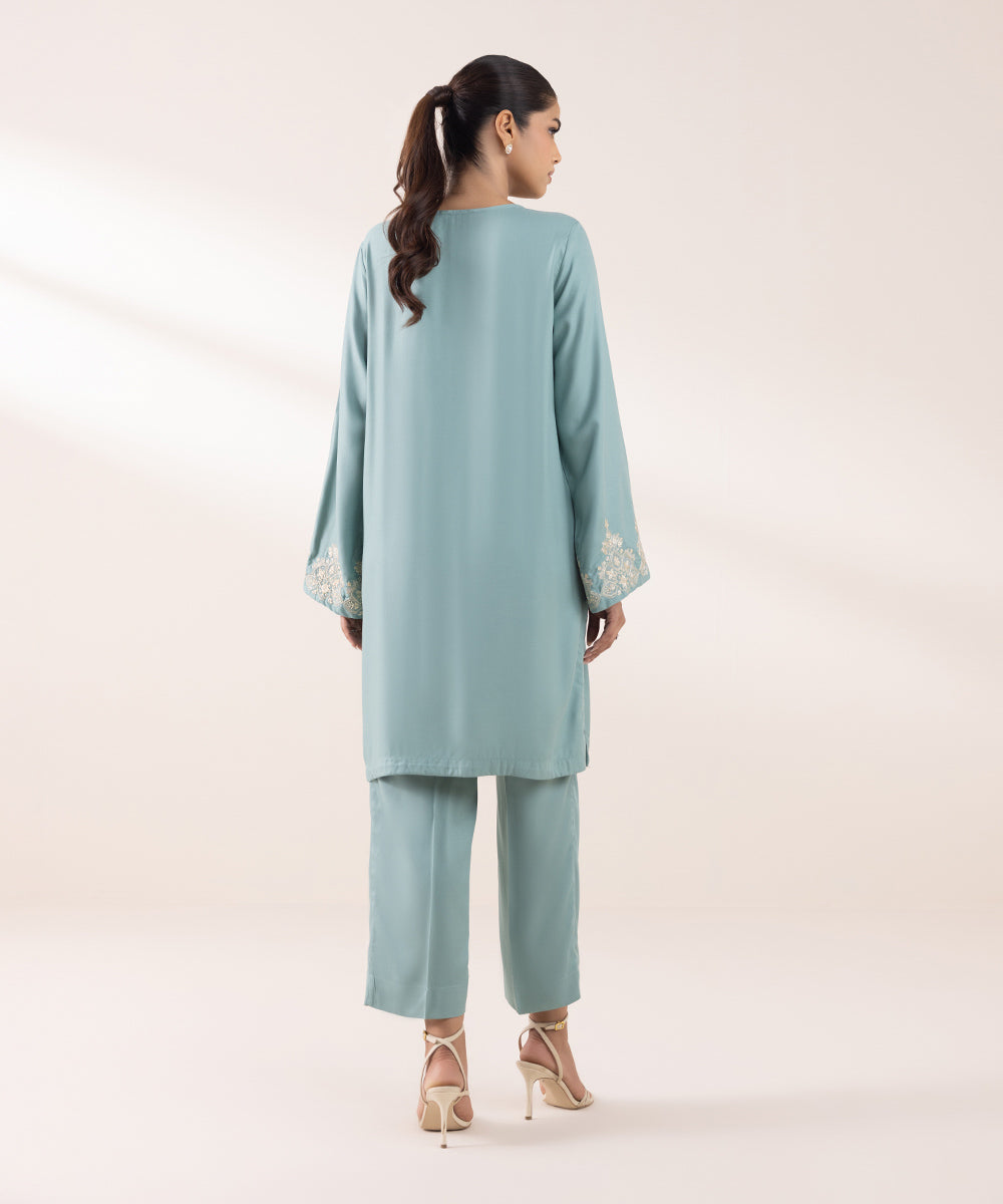 Women's Pret Bedford Embroidered Light Turquoise Straight Shirt