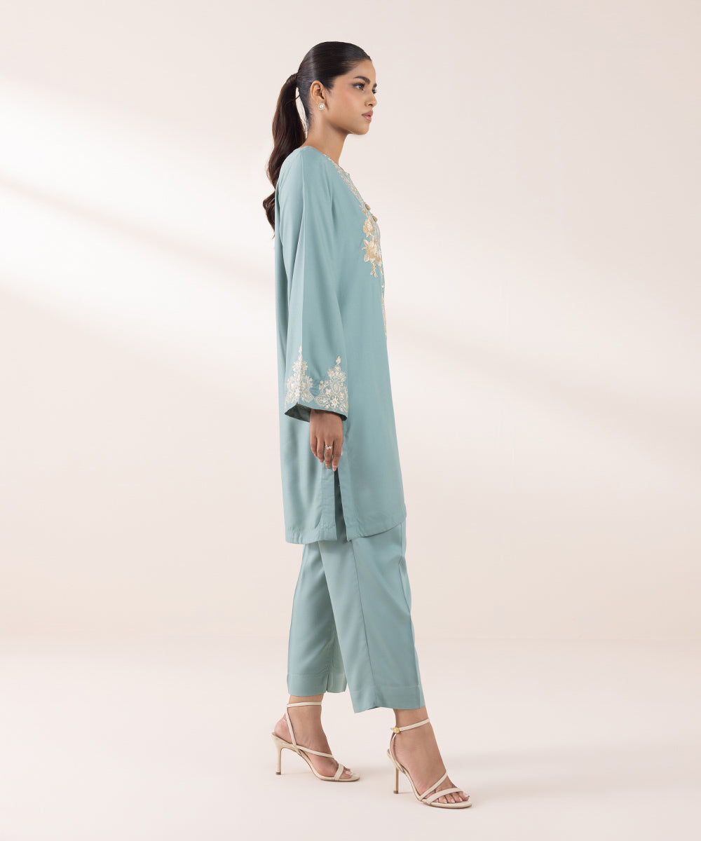 Women's Pret Bedford Embroidered Light Turquoise Straight Shirt