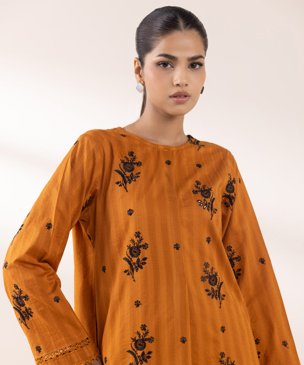 Women's Pret Dobby Embroidered Rust A-Line Shirt