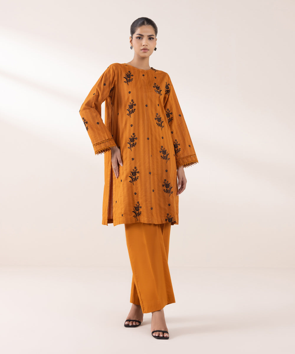 Women's Pret Dobby Embroidered Rust A-Line Shirt