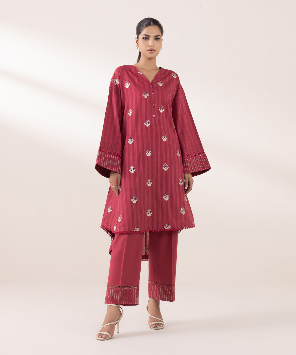 Women's Pret Dobby Embroidered Pinkish Red Boxy Shirt