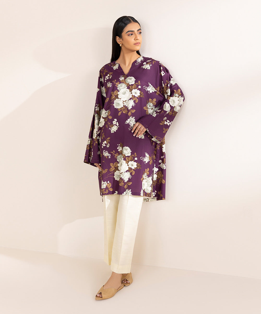 Women's Pret Cotton Viscose Purple Printed Boxy Shirt