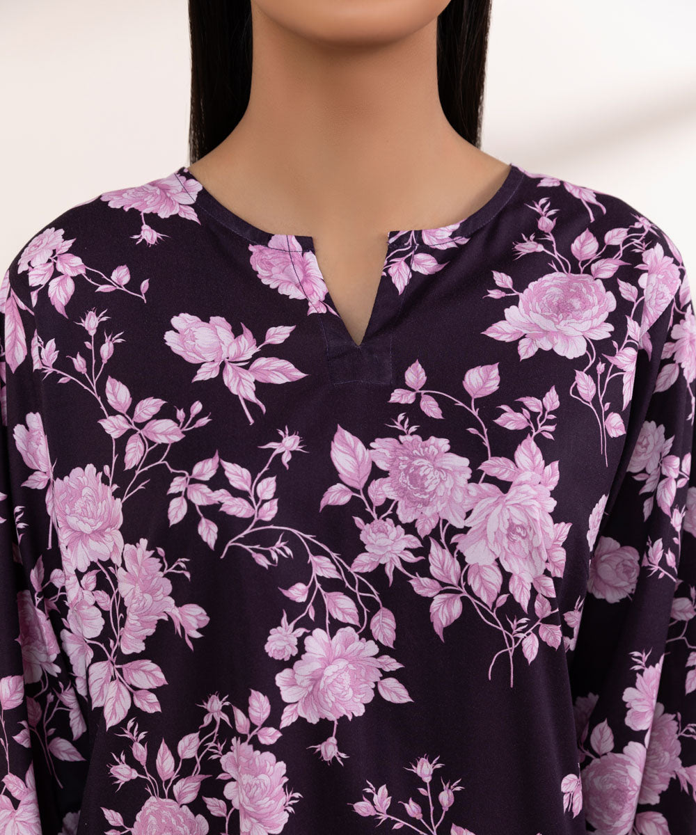 Women's Pret Cotton Viscose Purple Printed Boxy Shirt