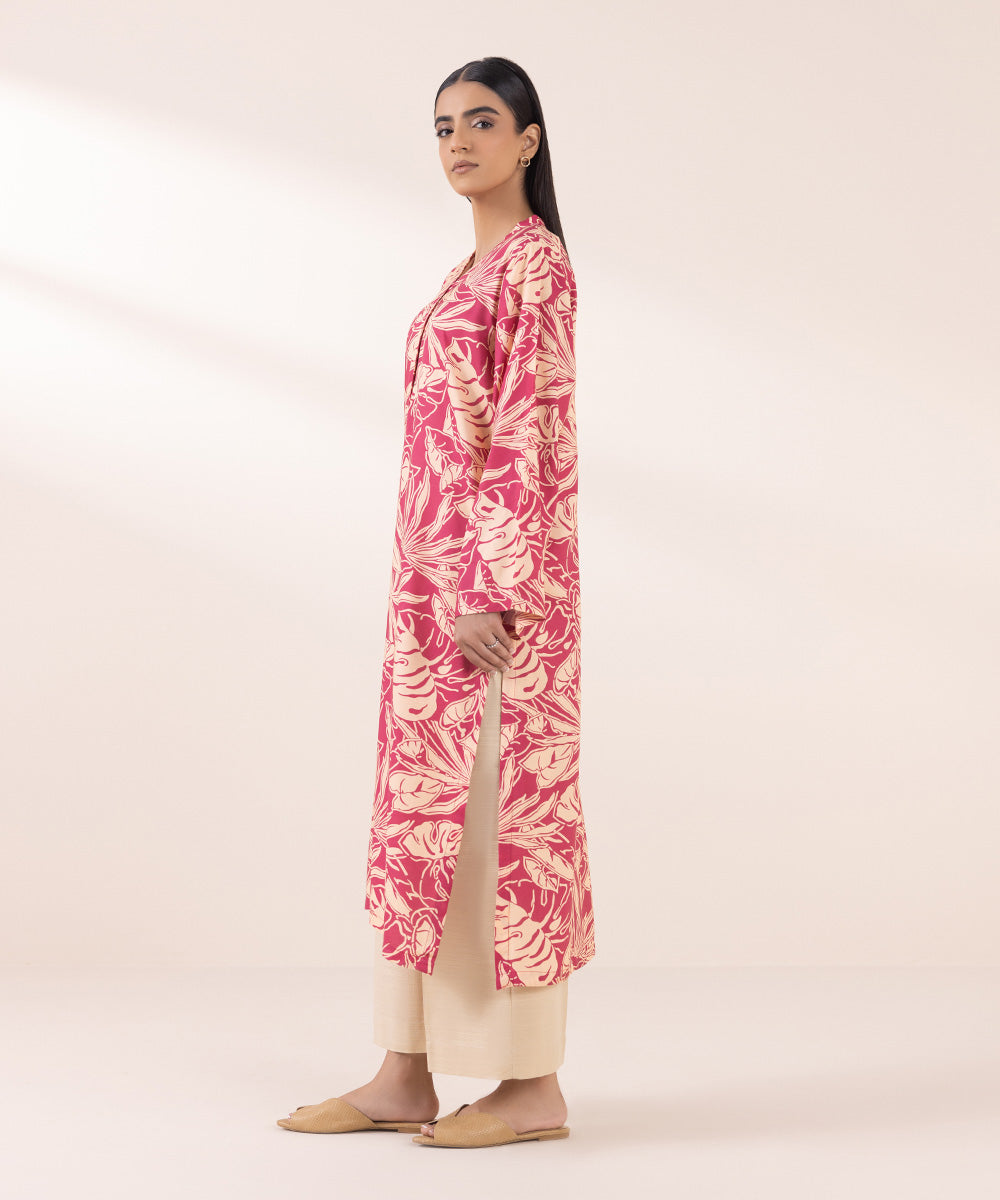 Women's Pret Linen Pink Printed Straight Shirt