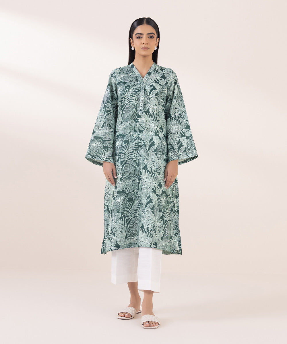 Women's Pret Khaddar Green Printed A-Line Shirt