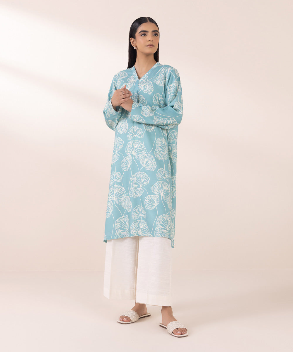 Women's Pret Linen Blue Printed Straight Shirt