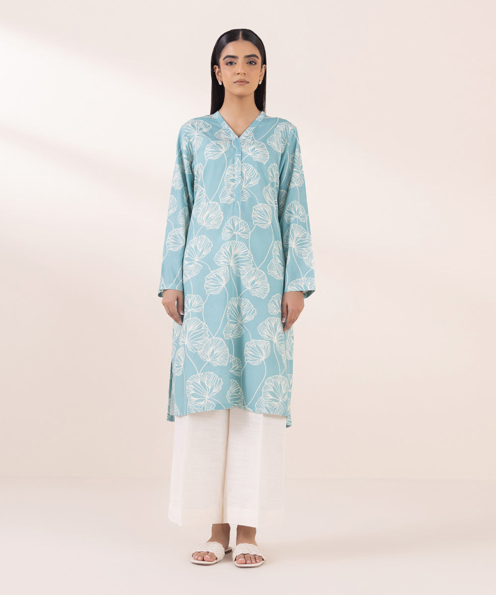 Women's Pret Linen Blue Printed Straight Shirt