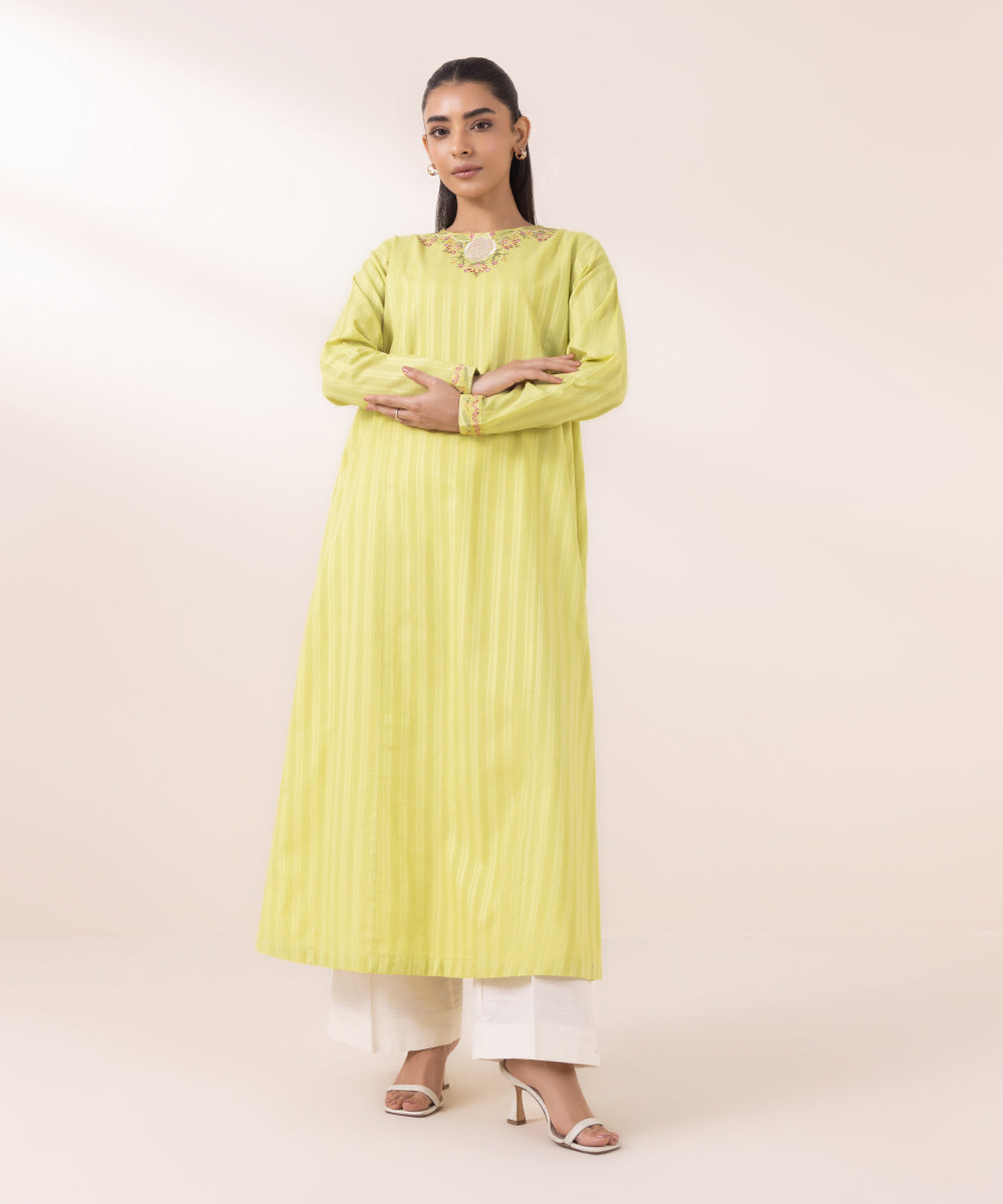 Women's Pret Dobby Yellow Embroidered A-Line Shirt