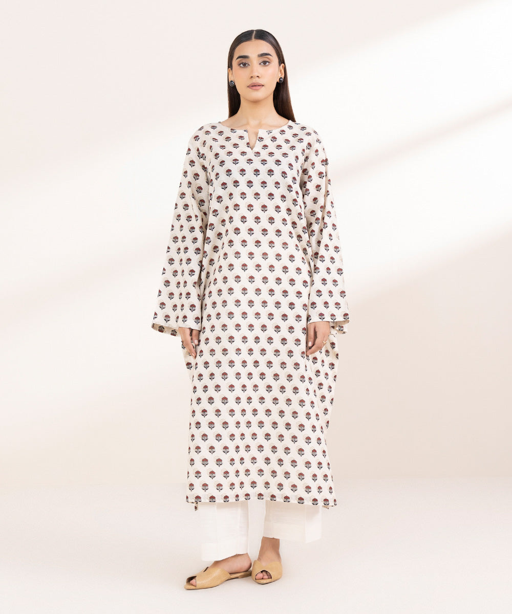 Women's Pret Khaddar Printed Off White A-Line Shirt